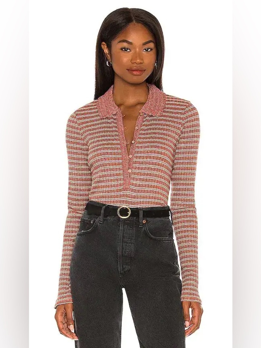 Free People Delilah Striped Ribbed Polo Long Sleeve Top Shirt Cream Grey Brown M
